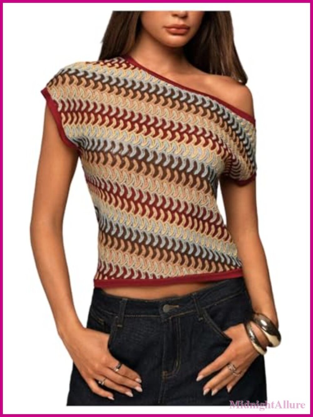 Women's Striped Off Shoulder Knit Top, Cropped Short Sleeve